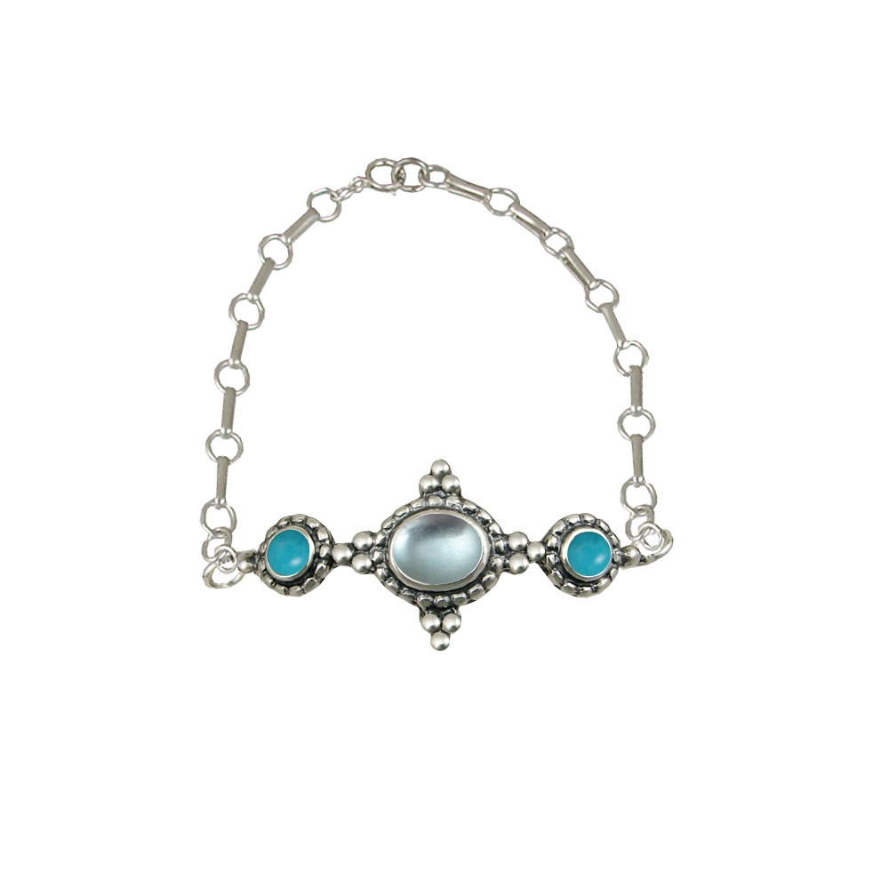 Sterling Silver Gemstone Adjustable Chain Bracelet With Blue Topaz And Turquoise